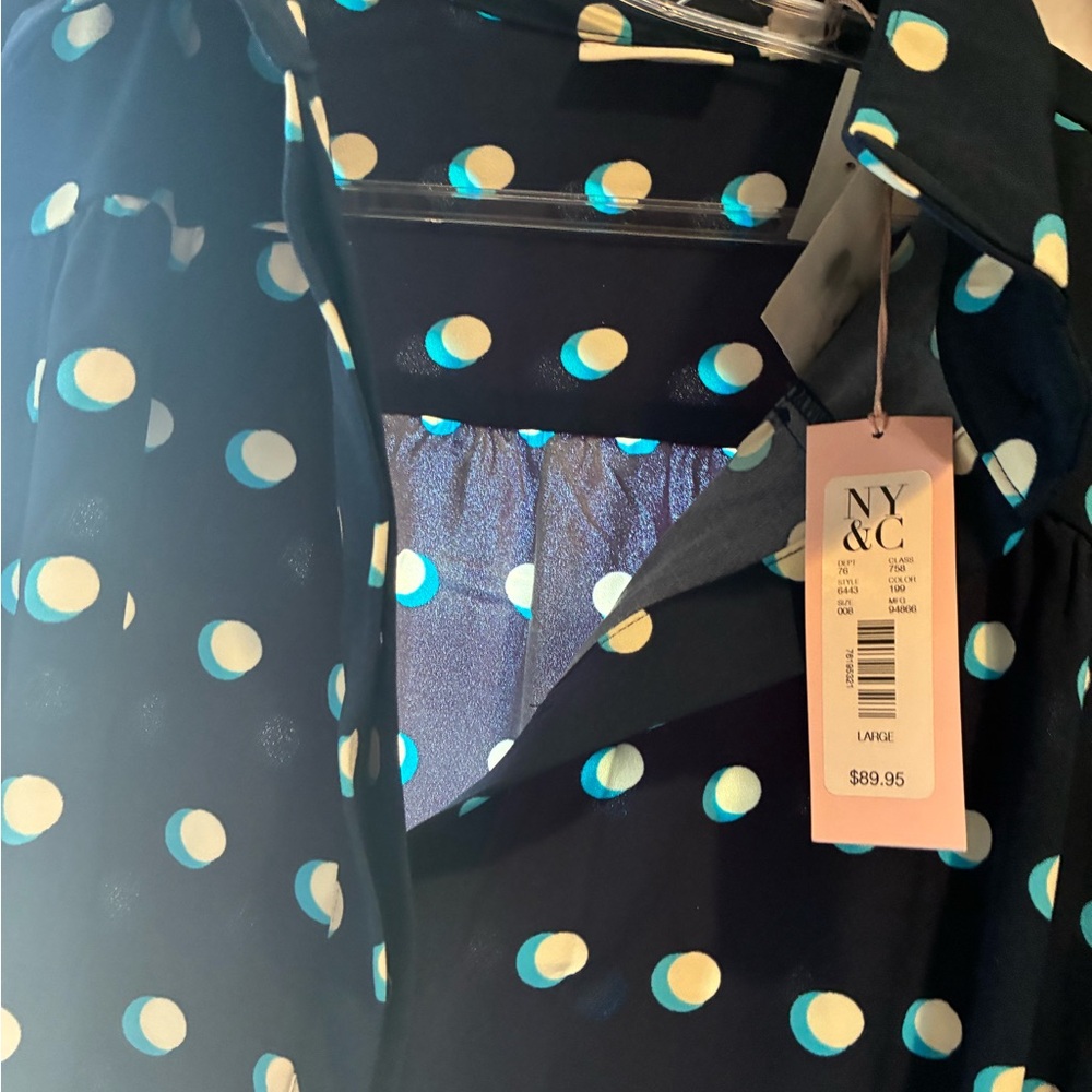 New York & Company Navy Blouse with White and Blue Polka Dots